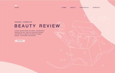 Landing page template for websites with linear illustration unpackaging beauty box with cosmetics. Concept of cosmetics review..