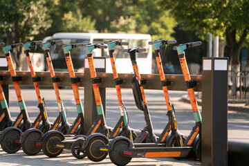 row of parked scooters on the city sidewalk, electric vehicle © Mihail