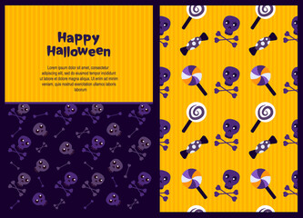 Halloween Bright Set of Greeting Card,Seamless Endless Pattern.Illustration Funny Skulls,Cross Bones,Candies Lollipops Endless Pattern.Celebrate Halloween Party Template.Halloween Party Invitation Set