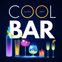 Cocktail party and bar shining design template with glasses, bottle, froots and ice.