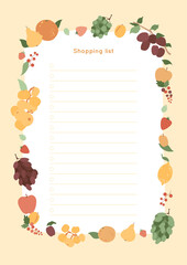 Frame with fruits and berries, shopping list template. Border with sweet raw food. Card for organic market, banner, poster, card. Juicy and fresh nutrition. Vector illustration concept