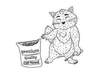 fluffy cat opened the food package and eats it with a spoon. drawing on white background