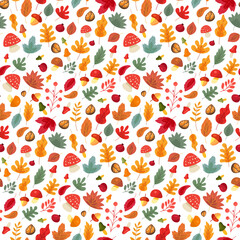 Autumn leaves and mushroom seamless pattern vector