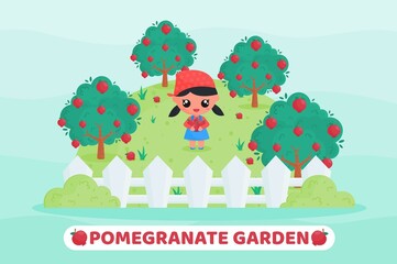 Cute character harvesting pomegranates in the garden and holding pomegranates in hands. kawaii cartoon illustration. Suitable for children, farming, botanical, plantation product content illustration.