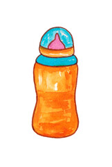 Yellow bottle for newborns. Baby bottle, isolated on a white background. Children's items. The illustration is hand-drawn with watercolor.