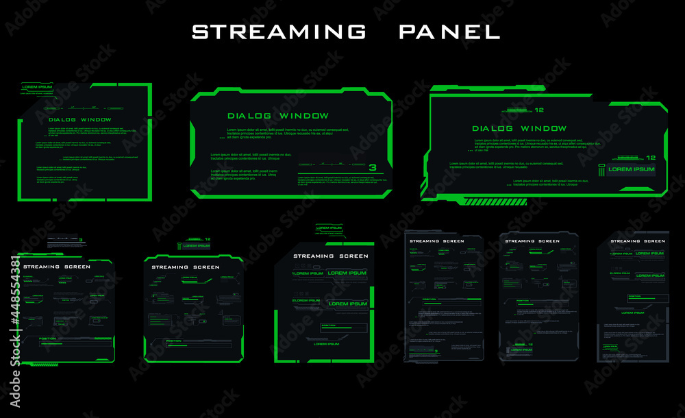 Poster set of modern dialog hud interface elements. green streaming bar. information boards and blocks with