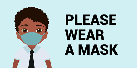 Please wear a mask. Vector boy. Protect virus banner. Cartoon character. Social distancing.