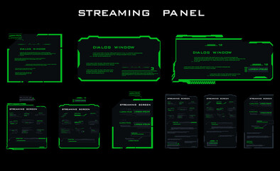 Set of modern dialog HUD interface elements. Green streaming bar. Information boards and blocks with a frame for online communication