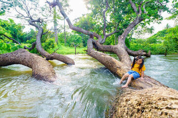 cute girls climbs a tree trunk on top river in the forest, country trip concept travel day