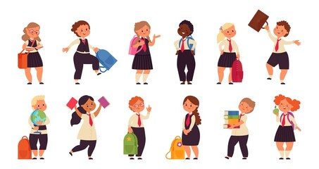 Back to school characters. Cartoon smart kids, boys girls with backpack. Isolated cute smiling children students, education decent vector set