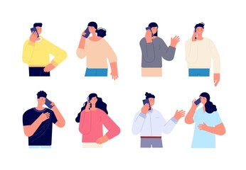People mobile conversation. Man call phone, different persons holding smartphone. Isolated happy sad angry characters. Internet talk utter vector set - obrazy, fototapety, plakaty
