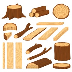 Cartoon wood logs. Material wooden timber, cracks tree log. Stump and trunk, cracked surface. Vintage isolated plank pile piece recent vector set
