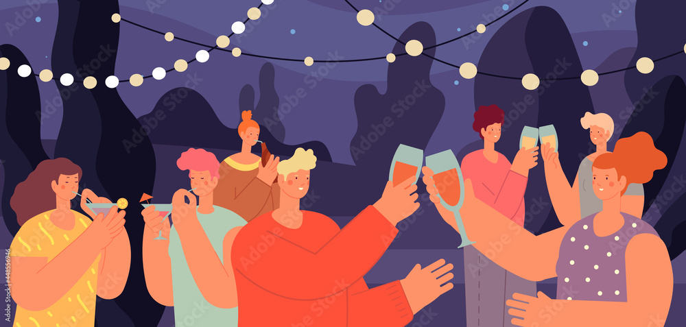 Wall mural Drinking party. Young people in garden, woman drinking with friends in park. Outdoor food festival with wine, students night picnic utter vector scene