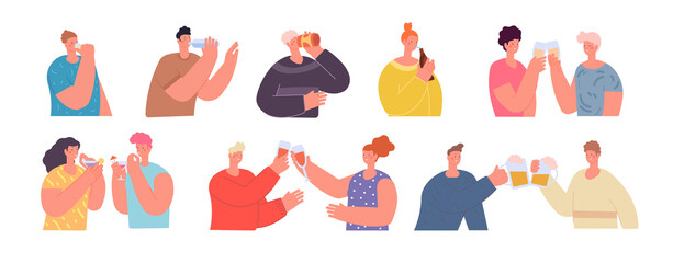 Friends clinking glasses. People holding drink, cheers beer or wine glass. Drinking party, flat teens celebrate birthday utter vector characters