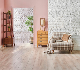 White brick wall and pink wall background style, wooden cabinet frame vase of plant decoration, furniture detail.