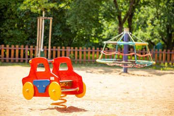 Colorful children playground activities in public park in Prague, Czech republic