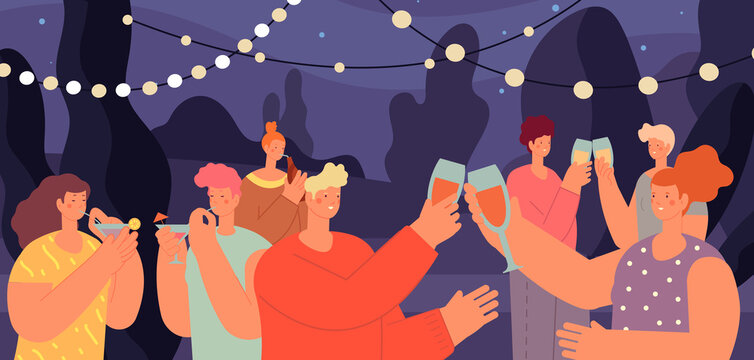 Drinking party. Young people in garden, woman drinking with friends in park. Outdoor food festival with wine, students night picnic utter vector scene