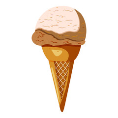 Caramel coffee butterscotch gelato in waffle cone. Sundae, ice cream, frozen yogurt, fro-yo. Vector illustration