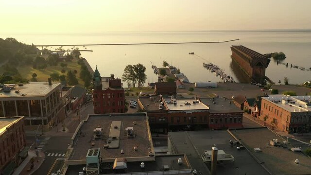 Aerial view of downtown of city of Marquette, Michigan state. Establishing shot of a small American city 