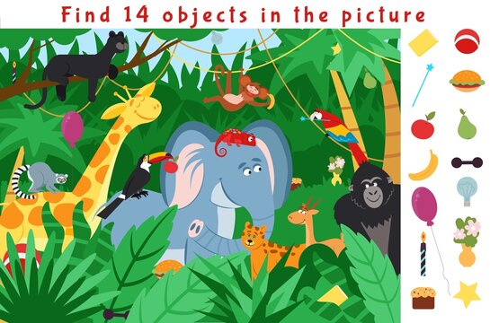 Hidden object puzzle. Kid learning game, find objects in jungle forest. School educational worksheet play, fun activity with animals decent vector scene