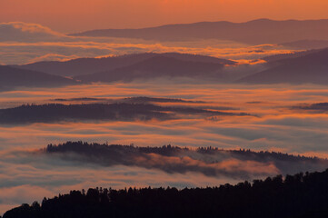 Morning mists illuminated by the rays of the rising sun seen from the summit of Połonina Wetlińska, the Bieszczady Mountains, the Carpathians