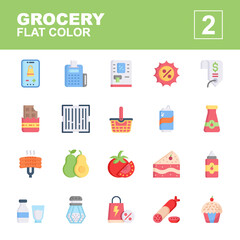 Icon Set of Grocery. Flat color icons vector. Contains such of geography, hat graduation, music, exam, idea, knowledge, microscope, biology, professor, and more. You can use for web, app and more.
