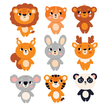 A set of cute animals in a simple modern style. Lion, tiger, deer, squirrel and others. Forest and jungle animals