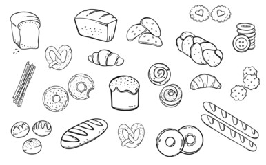 Bakery products hand drawn set, doodle vector EPS10 illustration. Sketch bread set isolated on white background