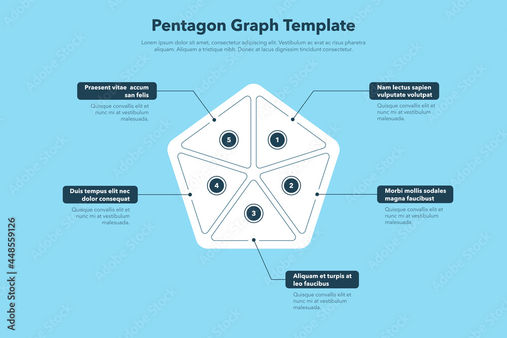 Poster Pentagon process diagram with five steps - blue version. Easy to use for your website or presentation.