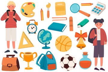 Back to school. A large cute set with school supplies, a backpack, stationery, books, a pen, a ruler. Cute character girl and boy.