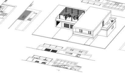 modern house architectural drawings vector 3d illustration