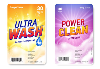 Set of Design templates of label for laundry detergent with realistic soap foam and sun flare light. - obrazy, fototapety, plakaty