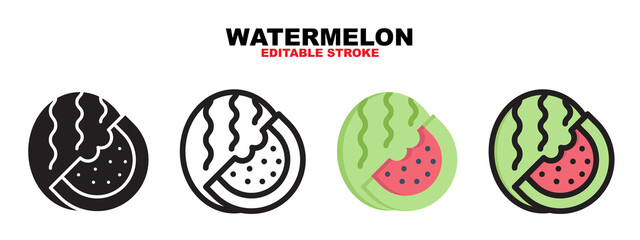 Outline, glyph black, flat color and filled line color, icon symbol set, watermelon concept, Isolated vector design, editable stroke