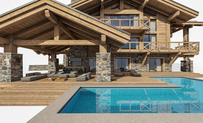 3d rendering of modern cozy chalet with pool and parking for sale or rent. Massive timber beams columns. Clear sunny summer day. Isolated on white