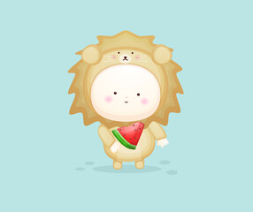 Cute baby in lion costume holding watermelon ice cream. Mascot cartoon illustration Premium Vector