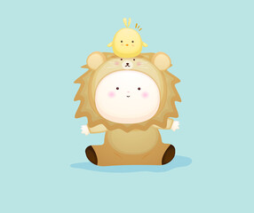 Cute baby in lion costume playing with chicks. Mascot cartoon illustration Premium Vector