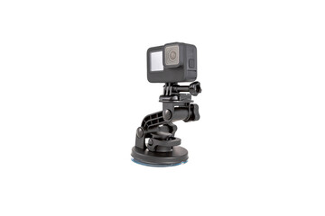 New 4K action camera on a suction mount in black color. Isolated white background