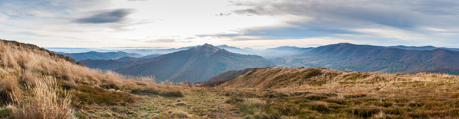 Sunrise seen from the summit of Połonina Wetlińska towards the Bieszczady peaks and the summit of Połonina Caryńska, the Bieszczady forest, the Bieszczady mountains, the Carpathians