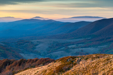 Sunrise seen from the summit of Połonina Wetlińska towards the Bieszczady peaks and the summit of Połonina Caryńska, the Bieszczady forest, the Bieszczady mountains, the Carpathians