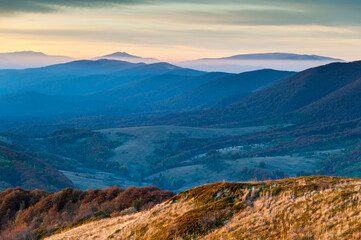 Sunrise seen from the summit of Połonina Wetlińska towards the Bieszczady peaks and the summit of Połonina Caryńska, the Bieszczady forest, the Bieszczady mountains, the Carpathians