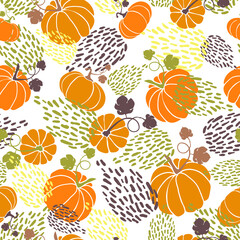 Pattern with pumpkins in an abstract style on a white background.For decorating fabrics and surfaces,for printing a brochure, poster, party, vintage textile design, postcard, wallpaper or packaging.