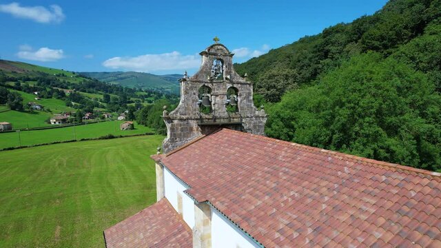 Aerial view of the Sanctuary of Our Lady of Valvanuz in the municipality of Selaya in the Valles Pasiegos. Cantabria, Spain, Europe