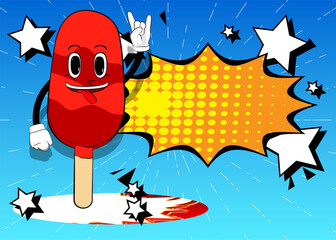 Ice Cream with hands in rocker pose. Summer refreshment, sweet food as a cartoon character with face.