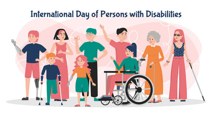 International day of persons with disabilities banner vector isolated. Handicapped people together. World day of disabled people. Lady in wheelchair, man with prosthetic arm and leg, blind woman.
