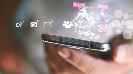 Social media icons on smartphone. Media marketing concept.