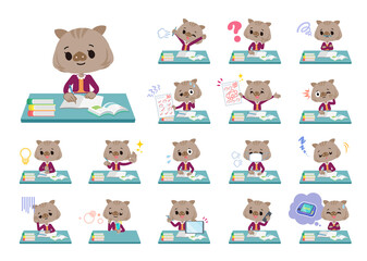 勉強に関するイノシシの女の子のセット
