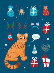 Christmas set bright illustrations in cartoon style. Tiger symbol of Chinese New Year 2022. Gifts, stars, party hat, deer horns, Christmas trees, snowflakes. For stickers, posters, postcards, banners