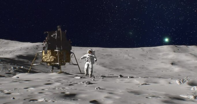 Lunar module after landing, Apollo Mission human spaceflight program, an astronaut in space suit walking on Moon surface, watching planet Earth