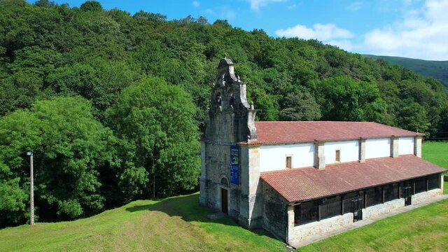 Aerial view of the Sanctuary of Our Lady of Valvanuz in the municipality of Selaya in the Valles Pasiegos. Cantabria, Spain, Europe