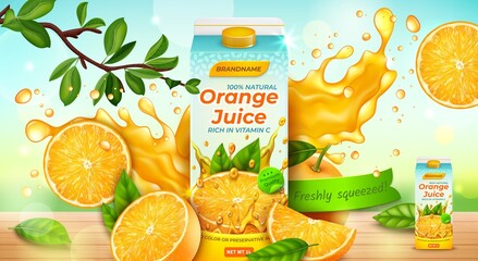Realistic Detailed 3d Orange Juice Pack Ads Banner Concept Poster Card. Vector illustration of Packaging Beverage Citrus Fruit